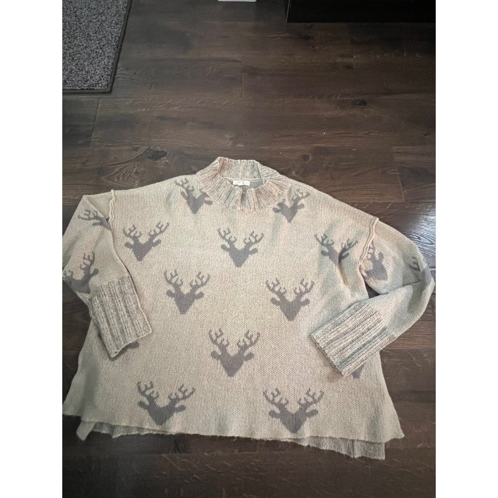 Easel Los Angeles Deer Head Knit Sweater Tan Grey Oversized Mock Neck ET15619 L